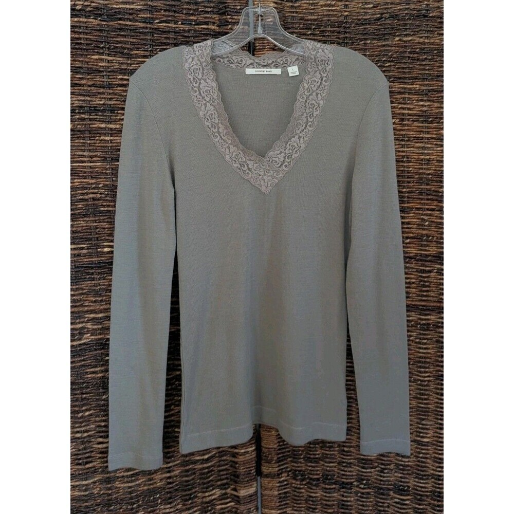 Country Road Lace 100% Wool Warm V Neck Tee Shirt Sheer Base Layer Winter Fall